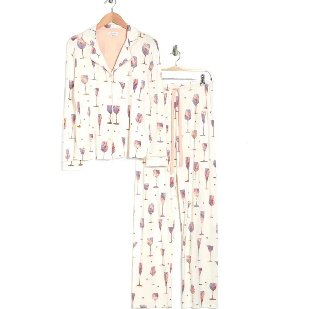 NWT PJ Salvage Long Sleeve Wine Life Button-Up Shirt & Pants Pajamas (L)